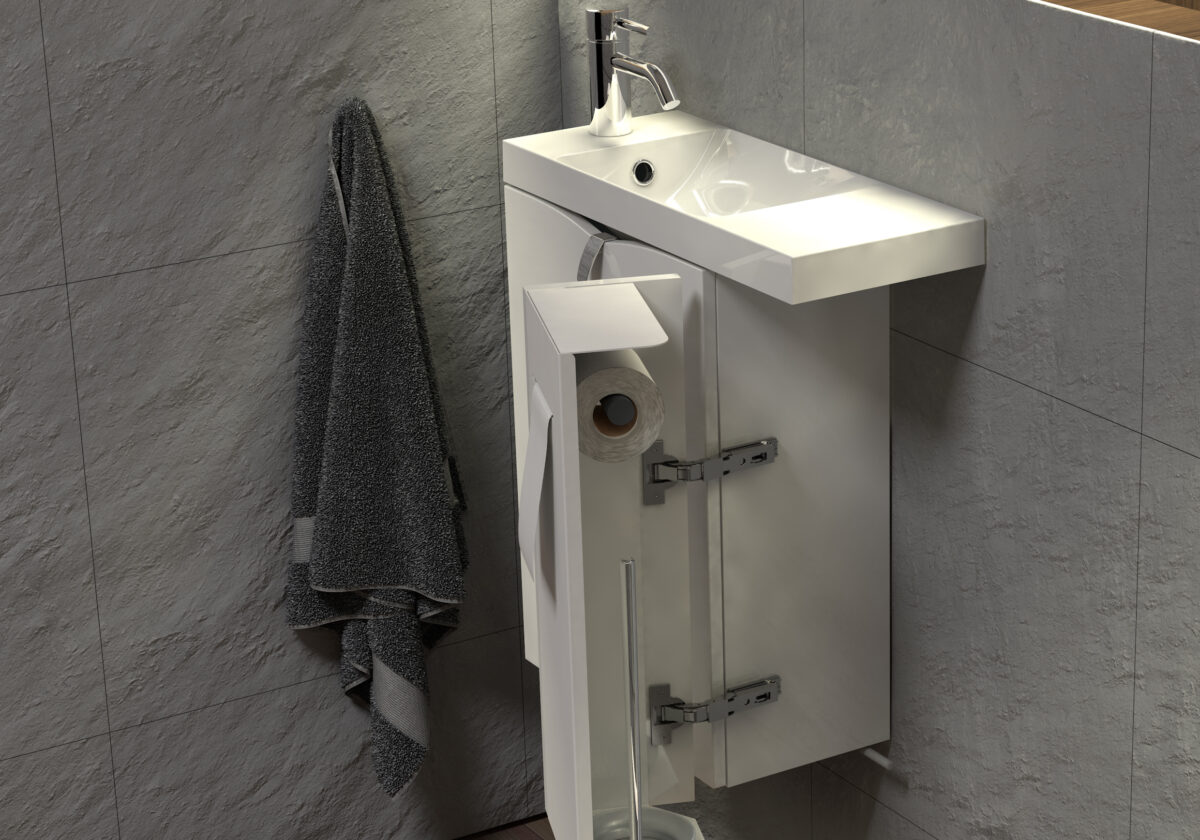 Mini cabinet with hidden space for toilet paper nad toilet brush