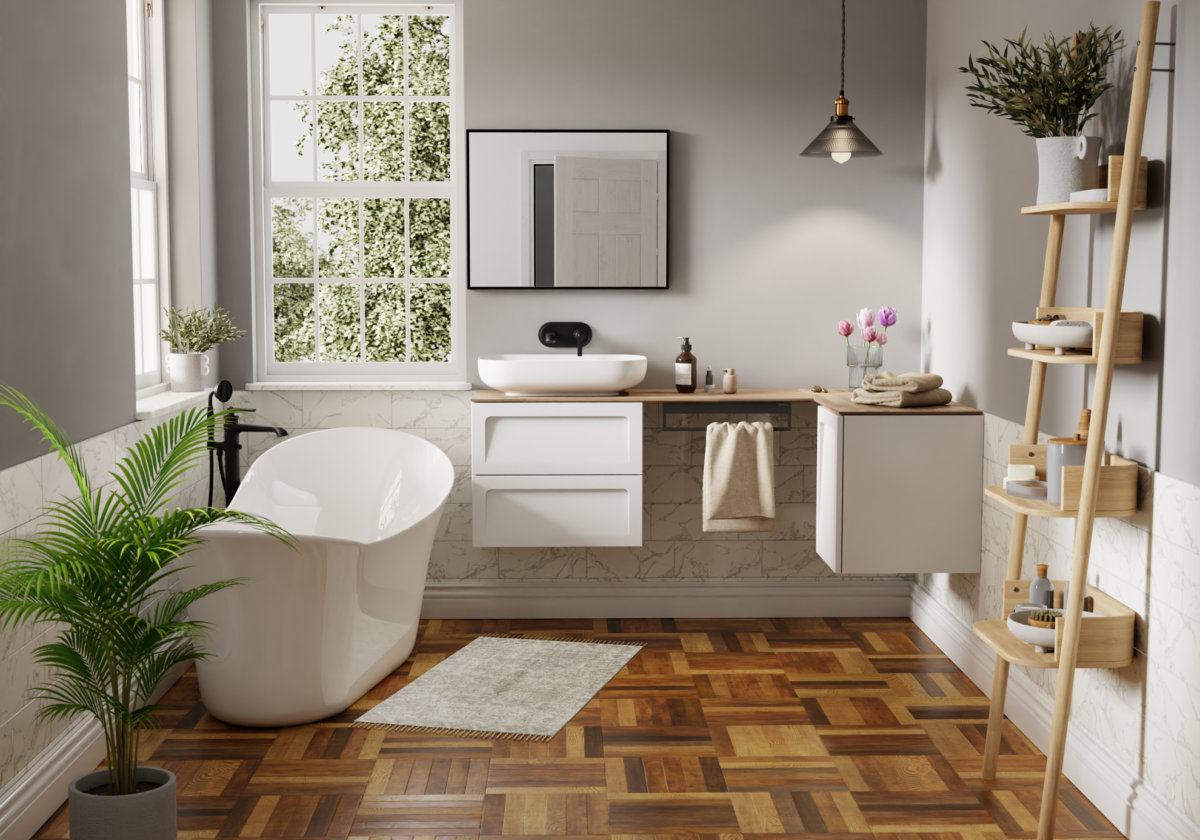 Nowoczesna łazienka z drewnianymi dodatkami i białymi meblami Beryl