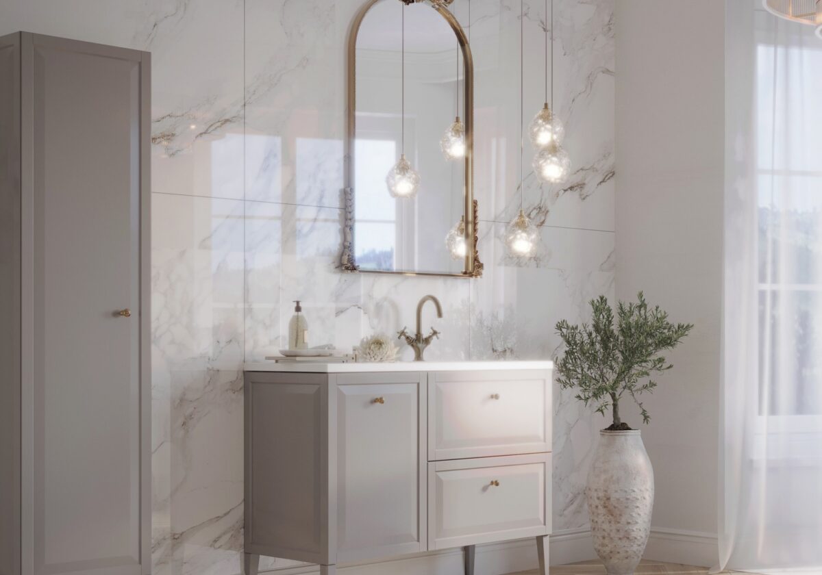 Stylizowana łazienka w stonowanych kolorach ze złotymi dodatkami Montebianco